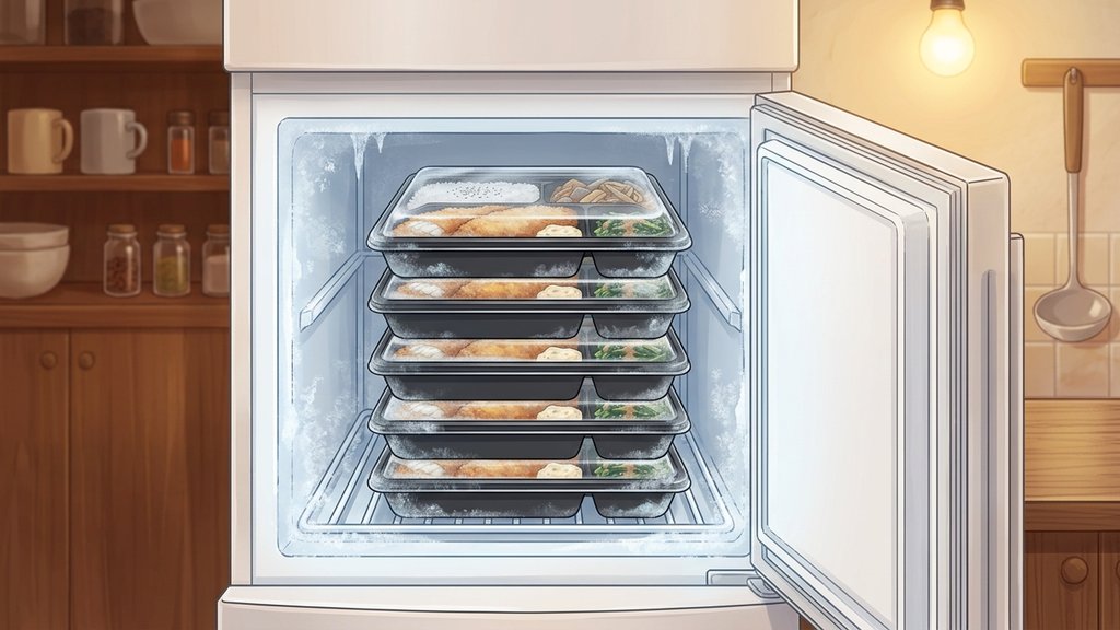 冷凍庫に冷凍弁当が積まれている